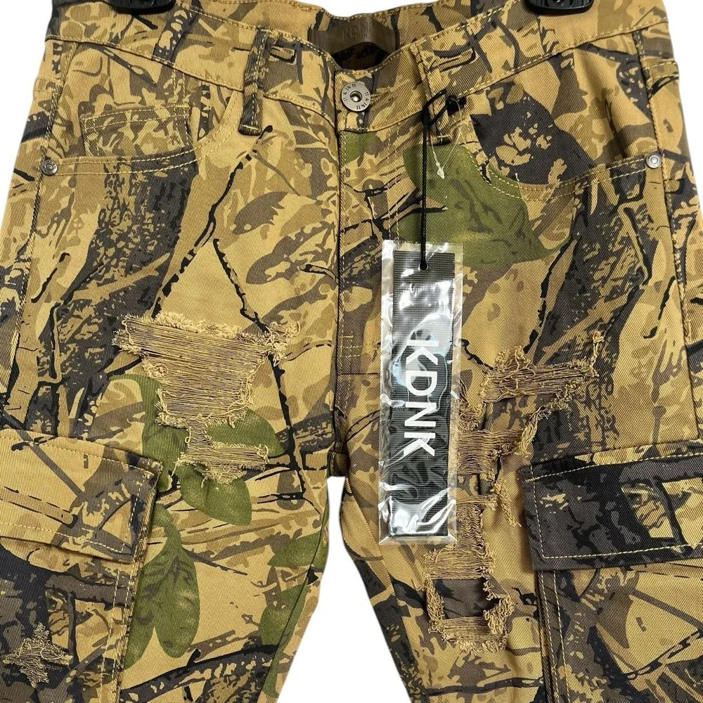 KDNK Mens Forest Camo Brown‎ Pants 32/31.5 Skinny Ripped Patches Outdoor Jeans
